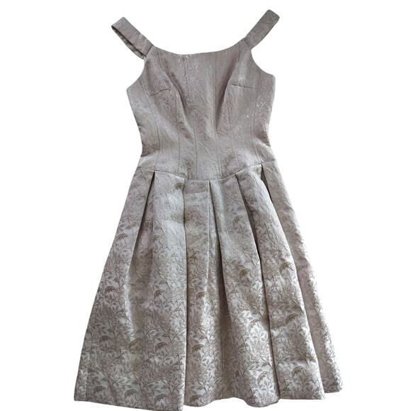 Teri Jon by Rickie Freedman Metallic Jacquard Pleated Cocktail Midi Dress Size 2 - Picture 2 of 13